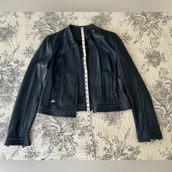 Cropped, indigo blue, perforated leather jacket - Picture 6 of 16